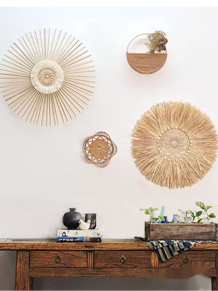 Bohemian Homestay Straw Background Rattan Round Wall Decoration Concealing Hanging Ornament_voghion.com